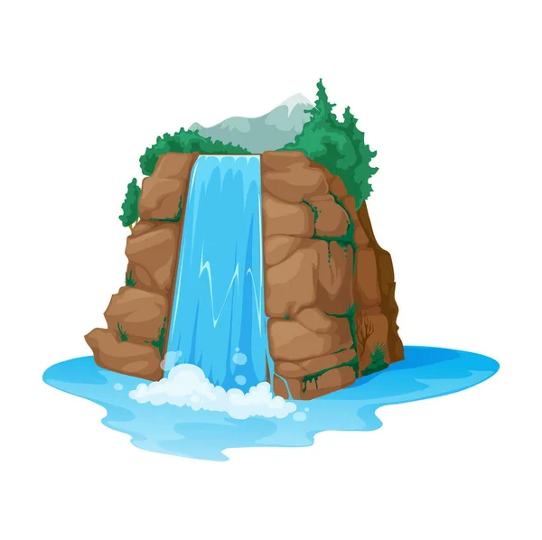River waterfall falls from cliff isolated water cascade streams. Vector cartoon landscape with mountain and pine tree, game asset design