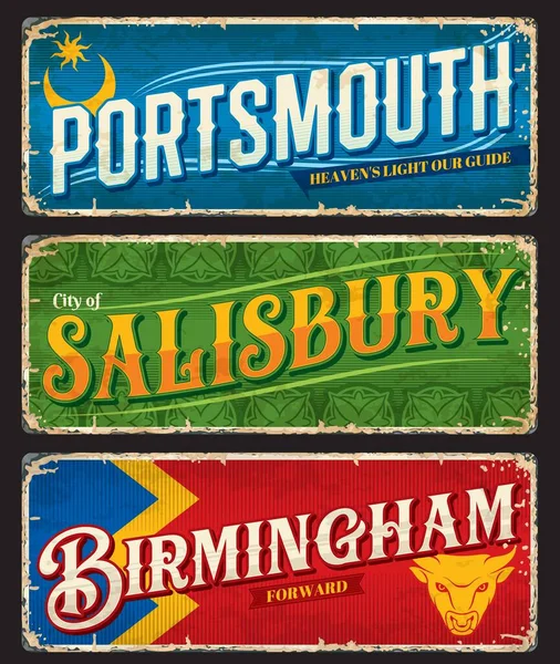 Portsmouth Salisbury Birmingham Travel Signs Vector Stickers England Cities Destinations — Vetor de Stock