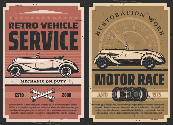 Retro car service, motor race vector posters. Old vehicles repair and restoration works mechanic garage station, classic automobiles motorsport racing competition. Retro cabriolet, tires and wrenches