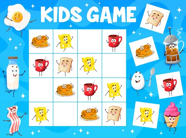 Sudoku Game Cartoon Breakfast Characters Vector Worksheet Pancakes Cheese Toast — Vector de stock