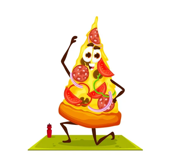 Cartoon Legrační Pizza Plátek Postava Jóga Fitness Vtipná Osoba Která — Stockový vektor