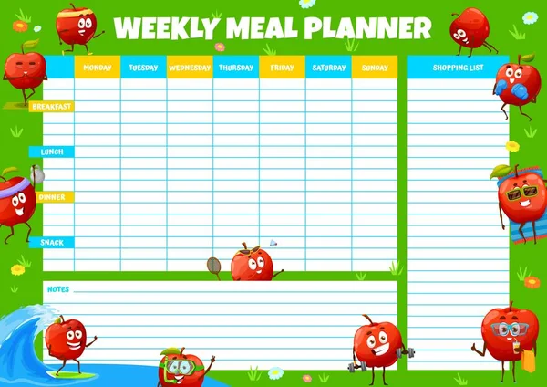 Weekly Meal Planner Happy Red Apple Characters Summer Vacation Vector — Image vectorielle