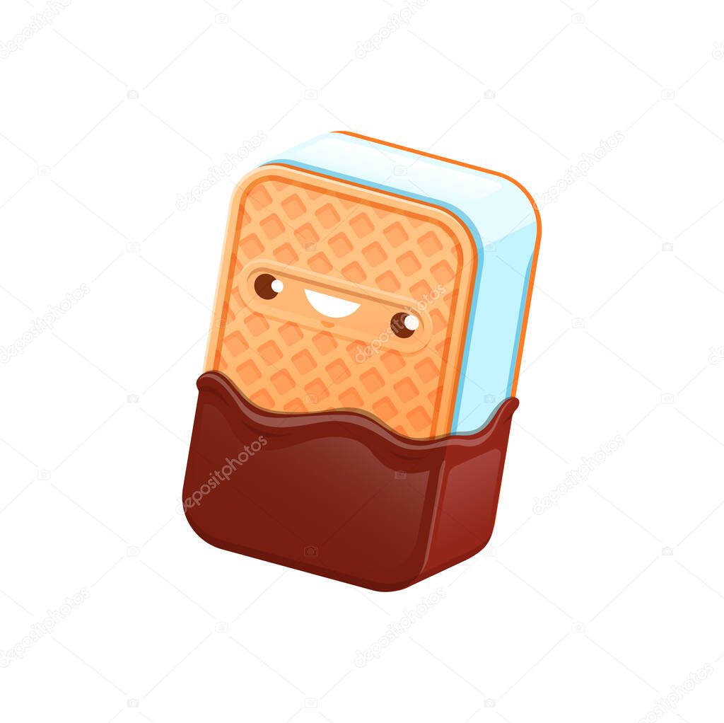 Cartoon sandwich ice cream character, kawaii icecream personage with chocolate and crispy cookies. Isolated vector smiling dessert bar. Cold funny summer food, refreshment snack for kids menu