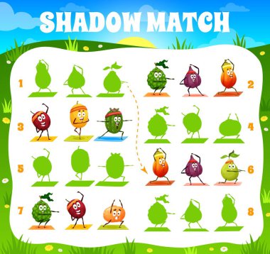 Shadow match kids game worksheet. Cartoon fruits yoga vector characters. Find a correct silhouette of tropical funny guava, feijoa and bergamot, melon, papaya and figs fruits on yoga
