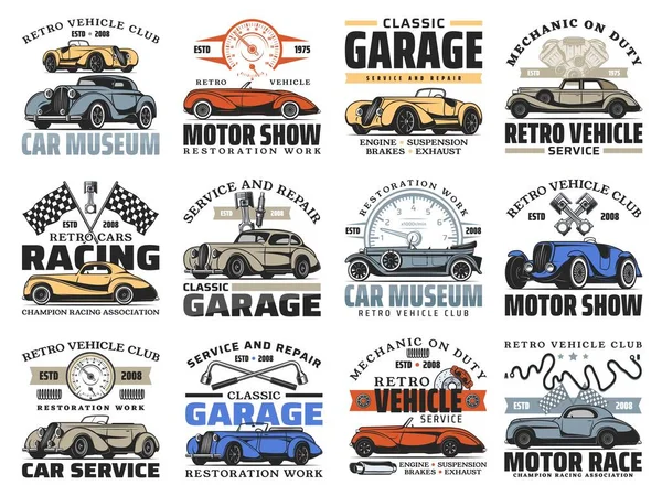 Retro Automobiles Museum Old Cars Motor Show Icons Classic Vehicles — Vettoriale Stock