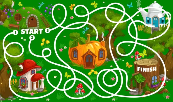 Labyrinth Maze Game Worksheet Cartoon Fairy Houses Dwellings Dwarfs Vector —  Vetores de Stock