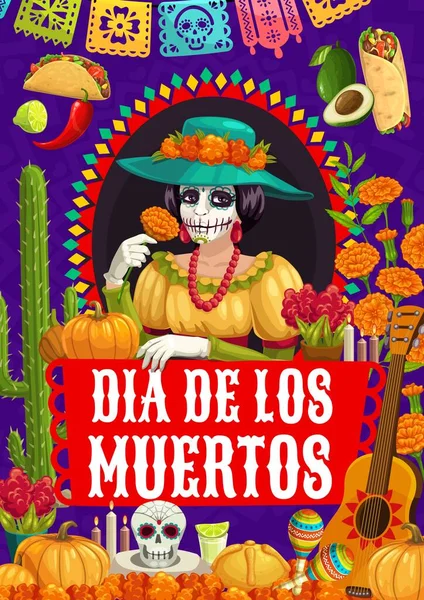 Dia Los Muertos Mexican Holiday Poster Vector Dead Day Design — Vector de stock