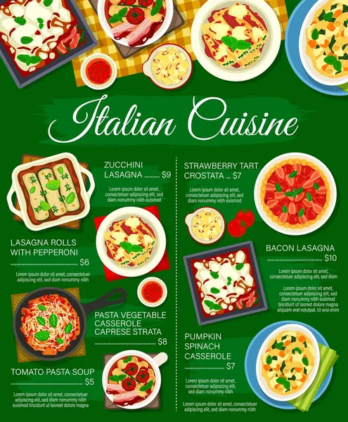 Italian Food Menu Italy Cuisine Pasta Lasagna Lunch Dinner Casserole — Vetor de Stock