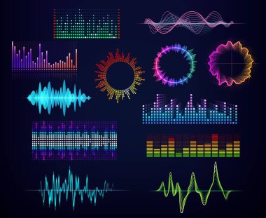 Ses dengeleyicileri ve ses dalgaları, neon daireler ve yuvarlak parlaklıklar, vektör simgeleri. Müzik çalar için neon renkli ses eşitleyici ve ses asistanı veya tanıma uygulaması ses dalgası simgeleri