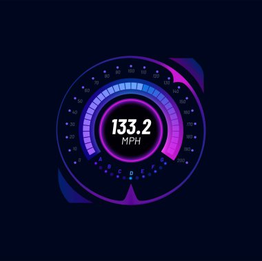 Fütürist araba hız göstergesi dijital gösterge neon göstergesi. Otomobil konsolu vektör arayüzü, otomobil izole edilmiş hız göstergesi veya MPH verisi, vites ve motor hızlandırıcı ölçekli motosiklet hız göstergesi