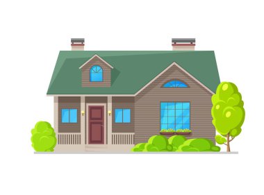 Residential house with wood plank facade exterior. Modern cottage house exterior, flat vector contemporary neighborhood building. Suburban real estate property home with pitched roof, porch and trees