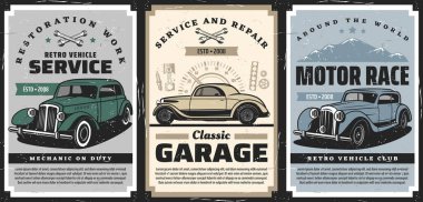 Retro cars service, classic auto motor race vector poster. Retro vehicles restoration works mechanic, old cars maintenance garage station and spare parts shop, vintage automobiles club race flyer