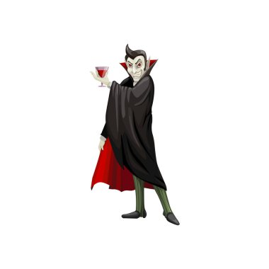 Çizgi roman vampiri ürkütücü Cadılar Bayramı karakteri, şarap kadehinde kan olan Drakula kişiliği. Korkunç vektör gotik canavar, sivri dişli ve sivri kulaklı say kırmızı astar ve yüksek yakalı siyah pelerin giy.