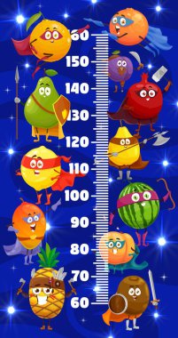 Kids height chart with cartoon superhero fruits characters, vector growth measure meter ruler with cartoon orange, pineapple and mango, garnett and pear, kiwi, watermelon and lemon fruits personages