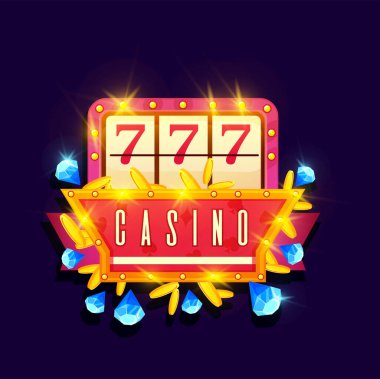 Kumarhane bayrağı, 777 altın ve elmaslı büyük ikramiye, vektör kumar tabelası. Çevrimiçi kumarhane ve Vegas kumar makinası Lucky retro neon ışıklı çizgi film tabelasını kazandı, 777 büyük ikramiye işareti