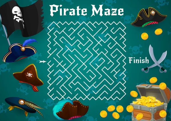 Labyrinth Maze Pirate Flag Tricorn Cocked Hat Sabers Golden Chest — Stockový vektor