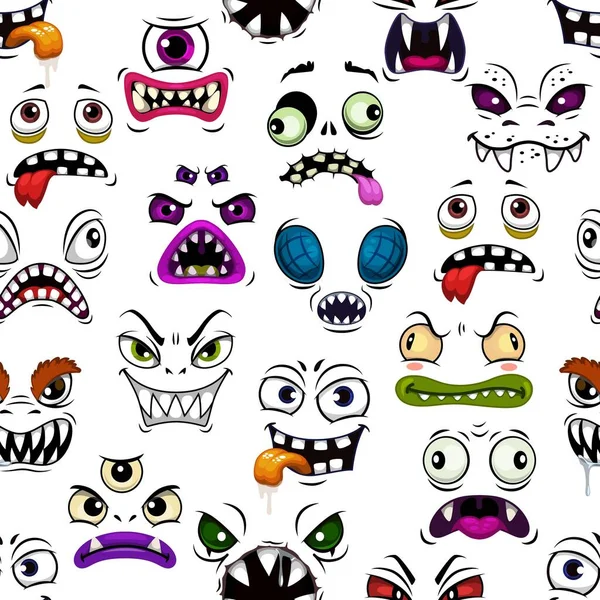 Cartoon Monster Faces Vector Seamless Pattern Cute Scary Funny Happy — Stok Vektör