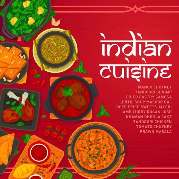 Indian Cuisine Menu Cover Vector Tandoori Shrimp Lentil Soup Masoor — Stock Vector