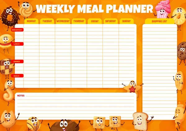 Weekly Meal Planner Cartoon Bakery Pastry Cakes Cookies Personages Diet — Stock vektor