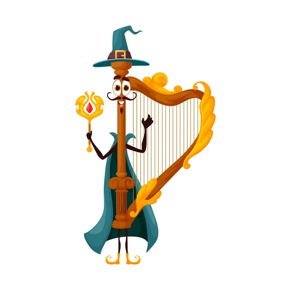Cartoon Harp Elderly Wizard Character Isolated Vector Plucked Stringed Instrument — Vetor de Stock
