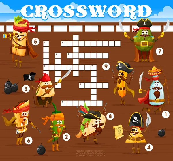 Crossword Grid Cartoon Mexican Food Pirate Corsair Characters Vector Word — Wektor stockowy