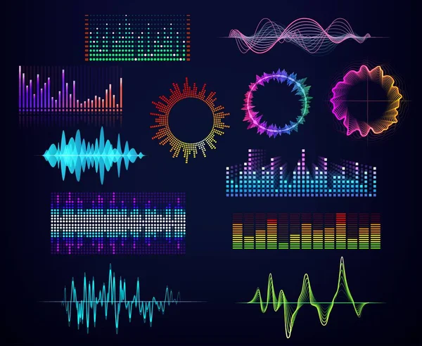 Audio Equalizers Sound Waves Neon Circles Glows Vector Icons Sound — Stockvektor