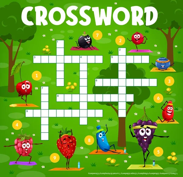 Crossword Grid Cartoon Berry Characters Yoga Fitness Word Search Puzzle — стоковый вектор