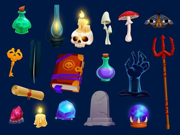 Halloween Sorcery Magic Items Game Assets Vector Potion Bottle Lantern — 图库矢量图片