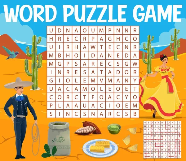 Mexicaans Eten Mensen Nationale Kostuums Woord Zoeken Puzzelspel Vector Werkblad — Stockvector