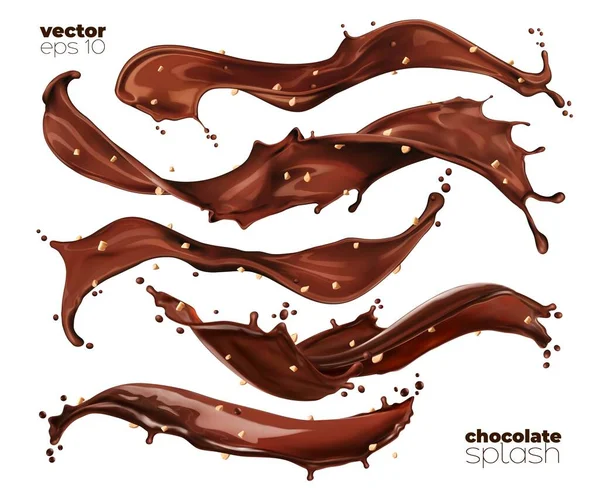 Chocolate Cocoa Coffee Milk Waves Flow Splashes Peanut Isolated Vector — 图库矢量图片