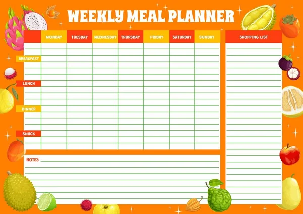 Weekly Meal Planner Tropical Fruits Vector Food Plan Week Calendar — Stock vektor