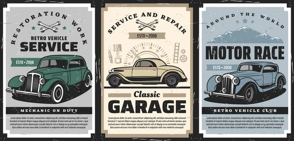 Retro Cars Service Classic Auto Motor Race Vector Poster Retro — Vettoriale Stock
