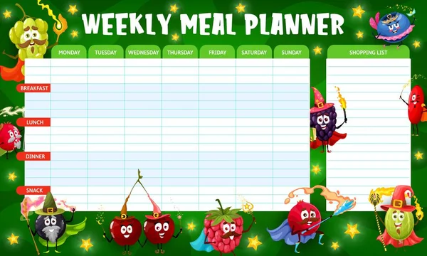 Weekly Meal Planner Cartoon Berry Wizard Mage Fairy Characters Organizer — Vector de stock