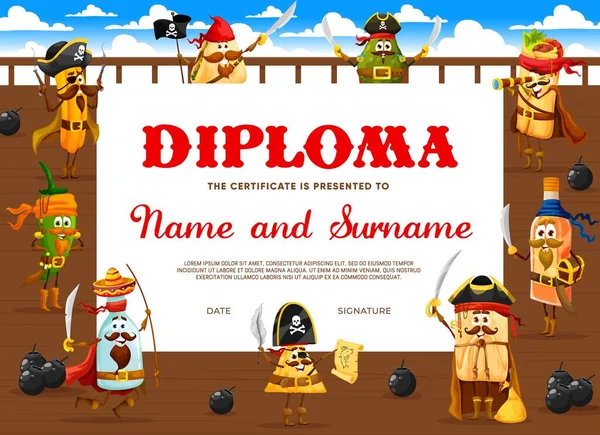 Kids Diploma Cartoon Mexican Food Pirate Corsair Characters Vector Certificate — Stok Vektör
