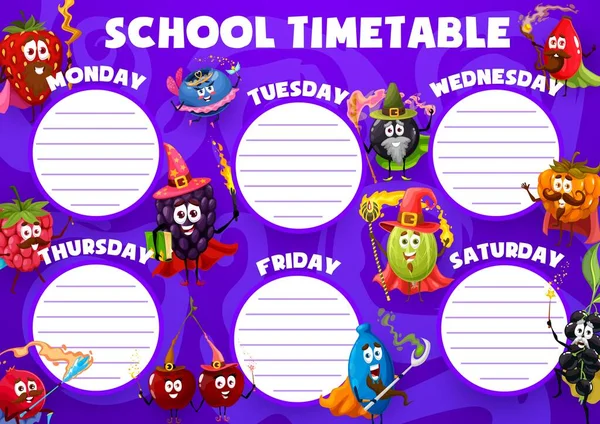 Cartoon Wizard Mage Witch Berry Characters Education Timetable Schedule Vector — Stockový vektor