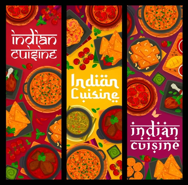 Indian Cuisine Food Banners Vector Mango Tomato Chutney Prawn Masala — Vetor de Stock