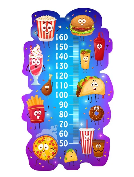 Kids Height Chart Cartoon Fast Food Characters Vector Wall Sticker — Stock vektor