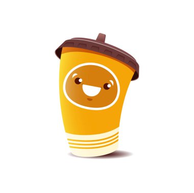 Çizgi film kahve fincanı karakteri, vektör fast food bardağı Kawaii kişiliği. Plastik kapaklı tek kullanımlık kağıt konteynır. Soğuk ya da sıcak içecek ve içecekler için izole edilmiş kahverengi karton paket.