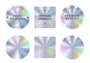 Hologram çıkartmaları ya da holografik dokusu olan etiketler. Vector silver round, kare ve dalgalı ürün kalite garanti rozeti, orijinal resmi mühür. Ürün ambalajı için gerçekçi hologramlar