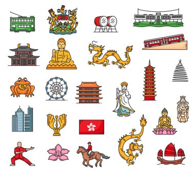 Hong Kong simgeleri ve seyahat renk simgeleri. Vektör şehir ve tapınak binaları, Bauhinia, Buda ve hurda tekne, Çin bayrağı, tramvay ve pagoda kulesi, tanrı, altın ejderha, arma, feribot ve davul.