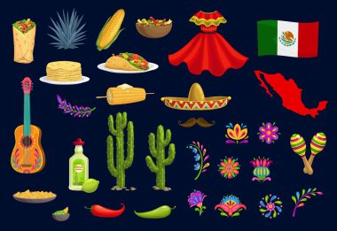 Mexican holiday food, items and national symbols. Mexican tacos, burrito and corn, agave tequila or mezcal drink, guitar and maracas musical instruments, national clothing, flower ethnic ornaments clipart