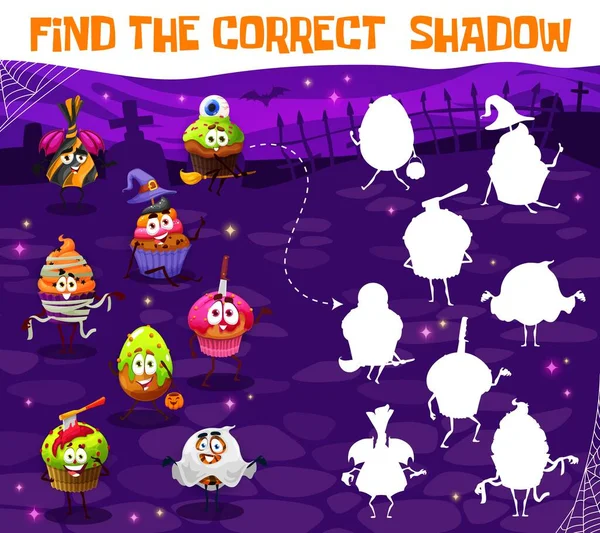 Cartoon Halloween Candy Characters Cemetery Find Correct Shadow Game Puzzle — Stockvector