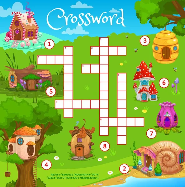 Cartoon Fairytale Houses Crossword Grid Worksheet Find Word Quiz Game — 스톡 벡터