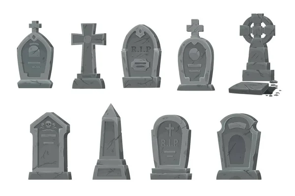 Cemetery Graves Gravestones Vector Set Isolated Cartoon Graveyard Tombstones Cemetery — Archivo Imágenes Vectoriales