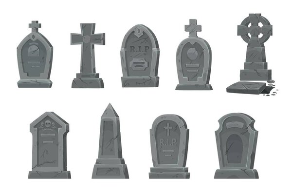 Cemetery graves and gravestones vector set of isolated cartoon graveyard tombstones and cemetery headstones. Grave crosses and tomb stone monuments with RIP or rest in peace memorial signs and skulls