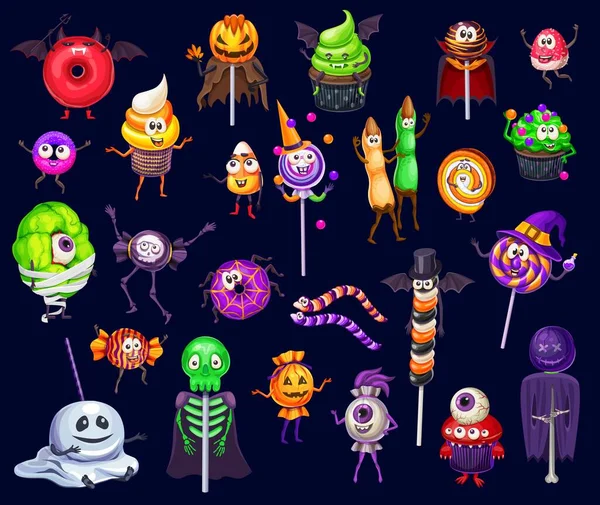 Halloween Cartoon Sweets Characters Vector Funny Cupcakes Lollipops Donuts Candy —  Vetores de Stock