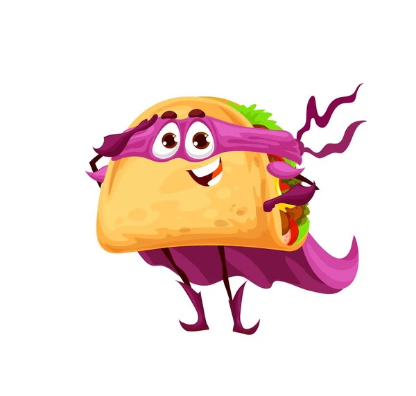Cartoon Mexican Tacos Superhero Character Funny Fast Food Meal Tortilla — стоковый вектор