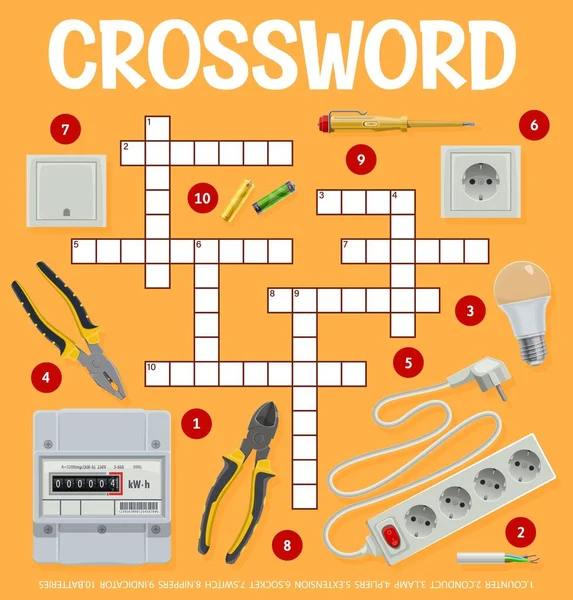 Electrician Tools Equipment Crossword Grid Find Word Quiz Game Vector — Stockvektor