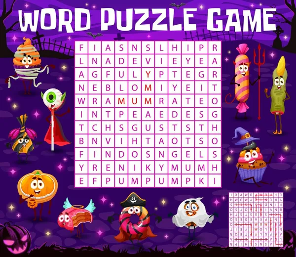 Word Search Puzzle Game Cartoon Halloween Candy Characters Cemetery Vector — Vector de stock