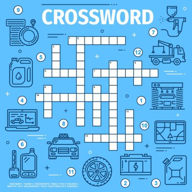 Car spare parts and garage station. Crossword grid. Find a word quiz game, children educational puzzle or vector vocabulary riddle with car repair service diagnostics, painting tools and spare parts